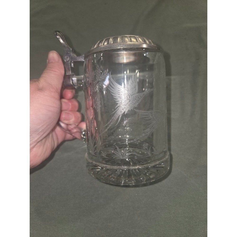 Vintage Etched Glass Beer Stein with Pewter Lid Pheasant Bird Scene 6 Inch